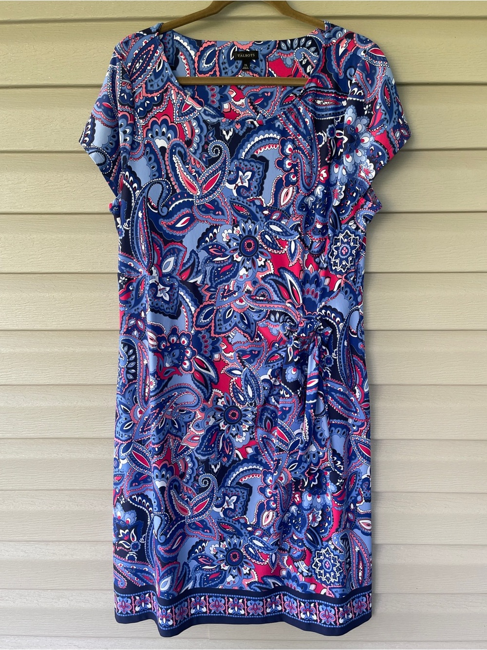 Talbots Blue & Pink Paisley/Floral Print Faux Wrap-Detail Sheath Dress Size XL